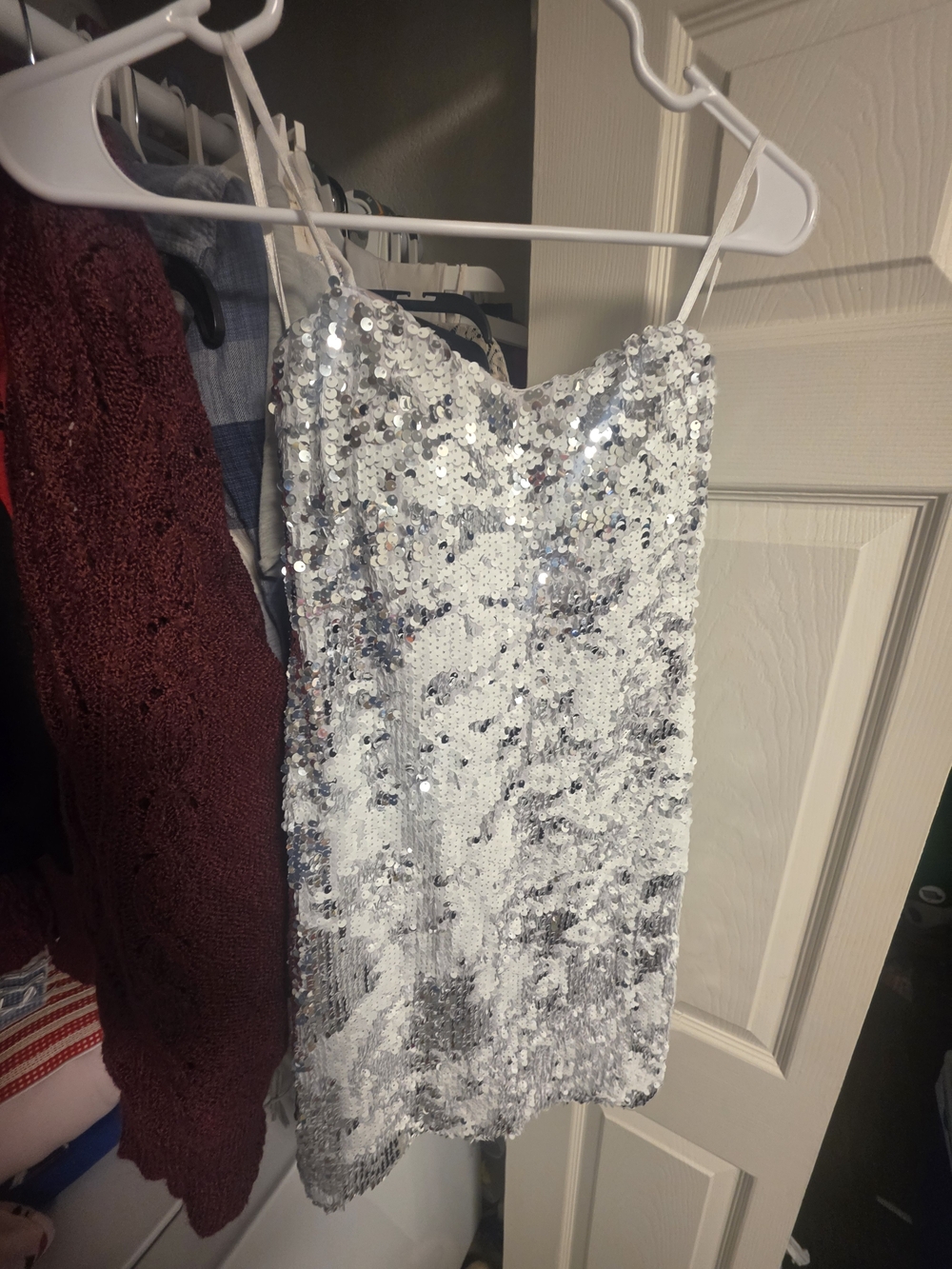 Silver Sequin Strapless Mini Dress